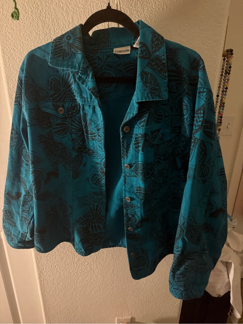 Chico's Teal Blue Printed Button-Front Jacket